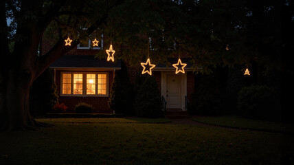 Cozy house with stars and holiday lights at night
