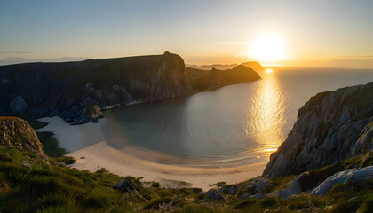 Golden Bay with Sandy Beaches and Rugged Cliffs at Sunset