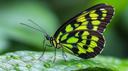 Obraz premium A vibrant green and black butterfly perched on a green leaf with water droplets.