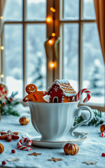 Christmas arrangement: tea cup with gingerbread cookies, candies and marshmallow dessert with...