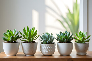 Obraz premium Vibrant succulent plants in decorative pots on wooden shelf