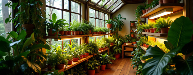 Obraz premium Lush indoor garden oasis with natural light and vibrant greenery in cozy home setting