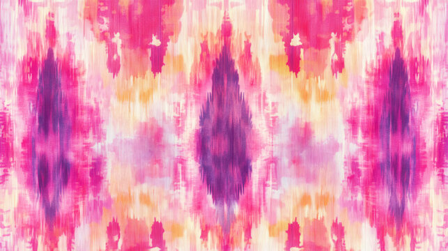 wallpaper with a boho Ikat tribal tie-dye pattern and ethnic floral motifs on a soft pink background. 