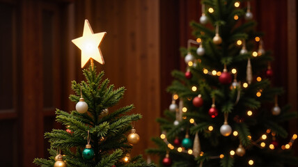 Christmas tree with star and lights in cozy home setting