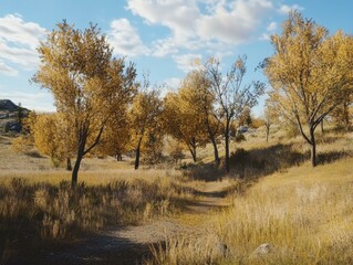 Fototapeta premium Golden Autumn Landscape: Path Through Trees with Vibrant Fall Colors