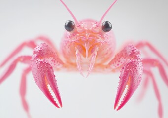 Vibrant pink crustacean with large eyes and claws against a white background