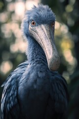 A blue heron, standing upright on a branch with a large curved beak. The bird is looking to its left.