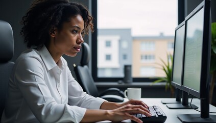 A Black African American female IT specialist examines a cybersecurity threat