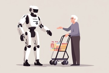 Obraz premium android robot assisting old woman with carrying groceries. AI, artificial intelligence, automation. automated assistance and delivery service, futuristic flat illustration on light background