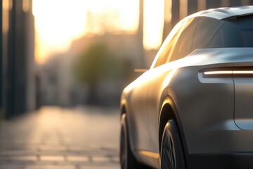 Close-up of a sleek, modern electric vehicle parked in a scenic outdoor setting with a warm, golden sunset in the background.