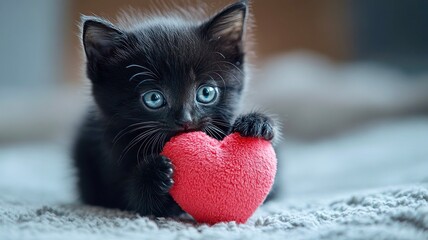 Cute black kitten with red heart for Valentine’s Day card