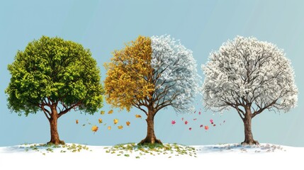 Obraz premium Illustrative graphic of tree changing through the seasons with leaves transitioning from green to brown and snow on branches.