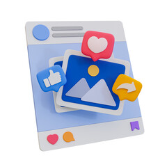 3D illustration of a social media post with icons for like, love, and share, symbolizing online engagement and interaction on digital platforms.