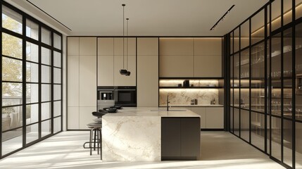 Modern Kitchen with Marble Island and Glass Cabinetry