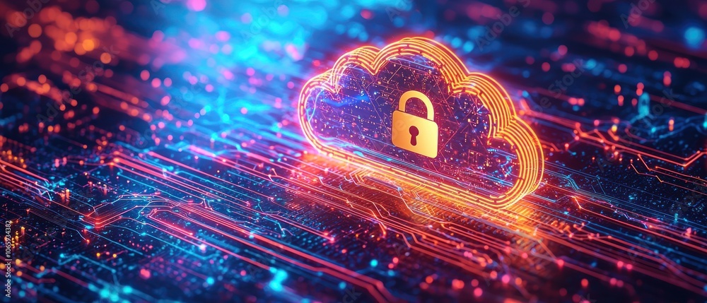 Aufkleber glowing cloud icon with padlock on circuit board background