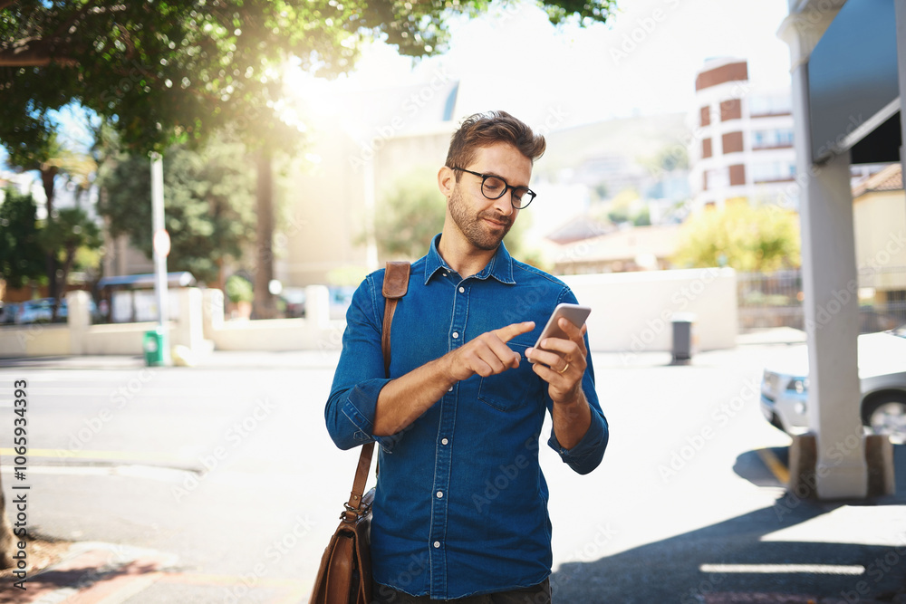 Poster city, businessman and scroll with smartphone for connection, networking and chat with online contact