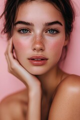 Obraz premium Portrait of beautiful young woman with clean fresh skin on pink background