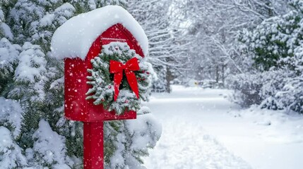Snow-Covered Mailbox with Christmas Wreath

