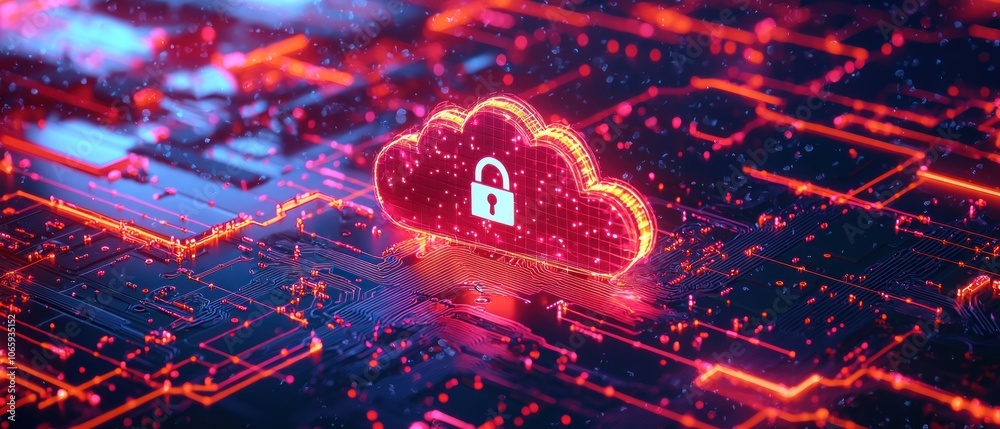 Poster Glowing Cloud with Lock Symbol on Circuit Board