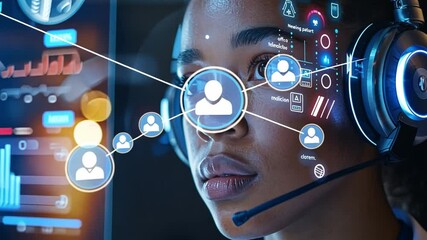 A focused professional is engaged in client support, interacting with advanced digital interfaces that display various data and metrics. She wears a headset while analyzing detailed information. - Powered by Adobe