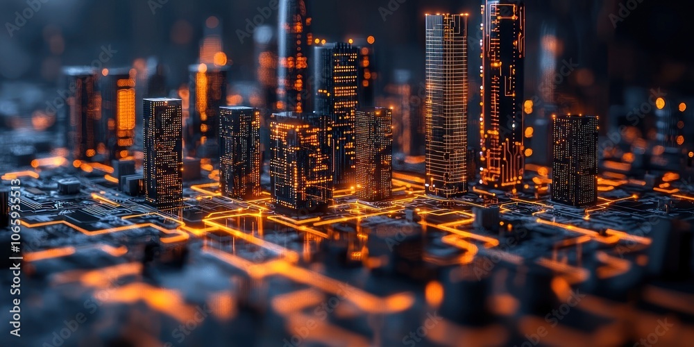 Aufkleber illuminated cityscape constructed from circuitry