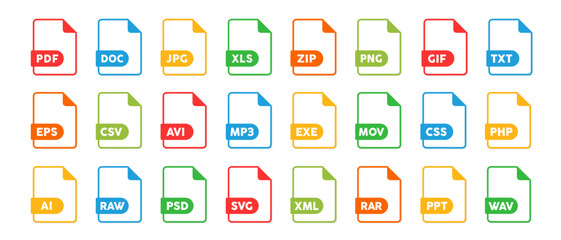 File type icon set, files format type vector, PNG, JPEG, PDF, DOC, and other file extension. Variety of file formats for technology or data content