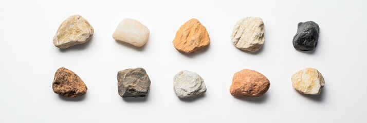 Assortment of natural stones and rocks on a plain background