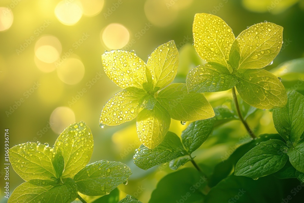 Aufkleber dew-covered green leaves in sunlight with bokeh background