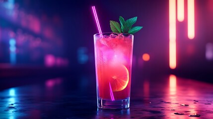 Colorful cocktail with fresh mint garnish neon bar setting picture