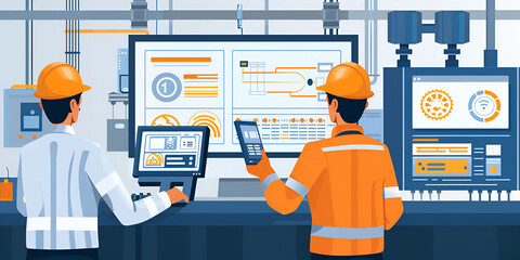 Engineers Monitoring Control Systems, Industrial Control Room Interface


