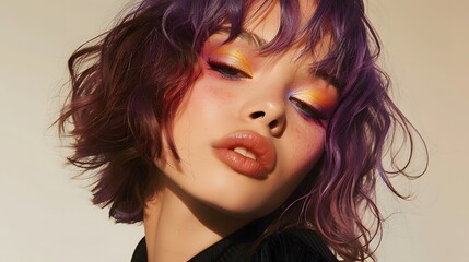 Fototapeta premium Young woman with wavy purple hair, bold yellow eyeshadow, artistic makeup, confident expression, beige background, modern fashion look, close-up portrait, vibrant and stylish, edgy style