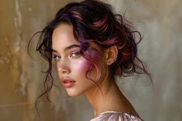 Fototapeta premium Profile of a woman with rainbow light projected on face, dark background, artistic and colorful concept, creative expression, bold and striking, glowing skin, minimalistic and dramatic look