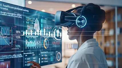 A healthcare worker engages with virtual reality technology in a contemporary clinic. The setup focuses on patient data and advanced diagnostics, showcasing innovations in medical practice. - Powered by Adobe