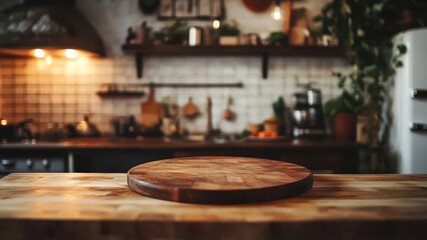 Obraz premium Cozy Wooden Cutting Board Ready for Meal Preparation in a Rustic Kitchen Setting