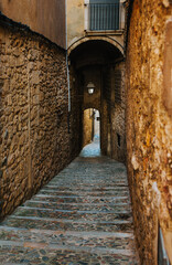 Obraz premium Stone steps ascend through a narrow, arched passageway in girona's old town, showcasing the city's medieval architecture and timeless charm