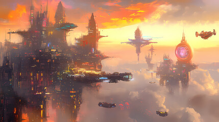 Obraz premium Neoninfused cyberpunk metropolis with towering holographic structures and flying vehicles in a vibrant digital dreamscape. Dreamscape. Illustration