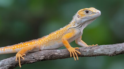 Fototapeta premium A yellow and white lizard with speckled skin sits on a branch, looking to the right, with a green blurred background.