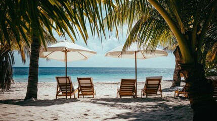 A serene beach scene with lounge chairs and umbrellas under palm trees.