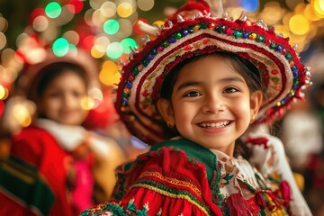 Fototapeta premium Mexican girl smiling wearing traditional dress during christmas celebration