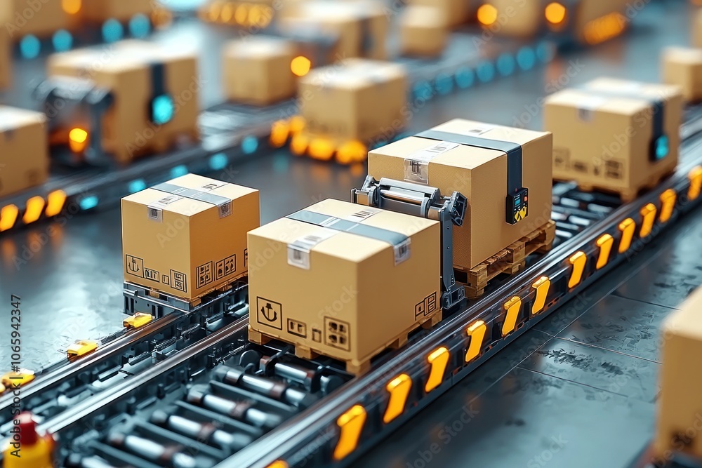 Poster Automated Conveyor Belt System with Cardboard Boxes