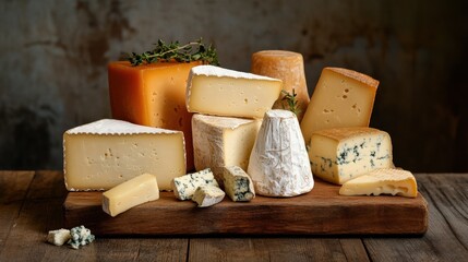 A variety of cheeses on a wooden cutting board