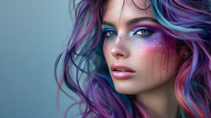 Fototapeta premium Young woman with colorful hair, artistic eye makeup, close-up portrait, blue background, vibrant and bold look, dripping glitter makeup, unique style, expression of creativity, edgy fashion