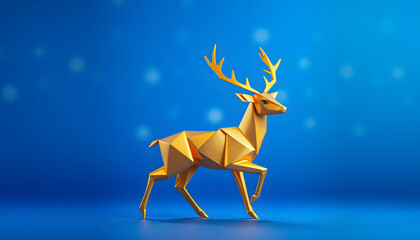 Fototapeta premium Christmas - Magic Golden Deer In Shiny Blue Background isolated with white highlights, png