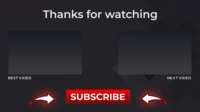 Thanks for watching outro animation with black background. YouTube end screen with an arrow pointing on the subscribe button 4K video