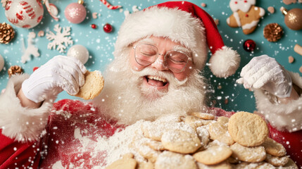 Le sympathique Père Noël prépare des biscuits de Noël dans une cuisine confortable sur le thème de Noël, entouré de décorations de Noël et de couleurs festives, étalant joyeusement la pâte à biscuits.