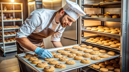Professional Baker Inspecting Freshly Baked Cookies in Bakery Kitchen