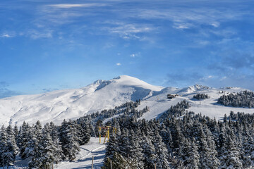 The highest peak of the mountain in Uludağ ski resort.  Uludağ is the most important ski resort in Turkey. © Bulent