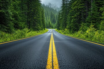 A Winding Asphalt Road Through a Dense Evergreen Forest on a Misty Day