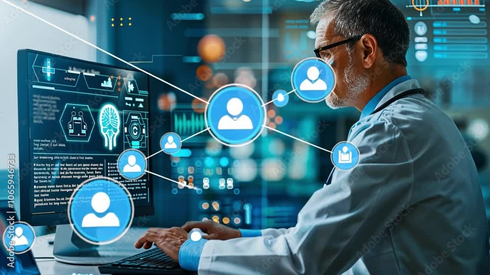 Poster In a high-tech lab, a researcher intently examines digital data on a computer screen. Visual elements like graphs and icons showcase innovative medical technologies and insights.