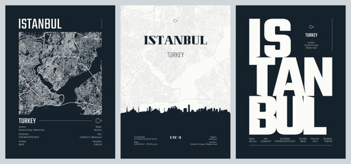 Obraz premium Set of travel posters with Istanbul, detailed urban street plan city map, Silhouette city skyline, vector artwork, set 2